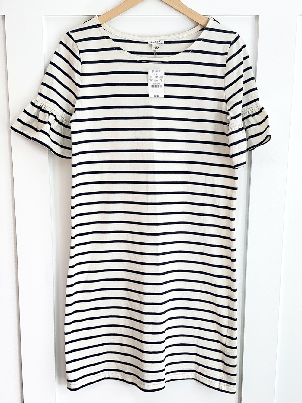 NWT J. Crew Navy White Striped Knee Length Shift Dress Size Small Ruffle Sleeve